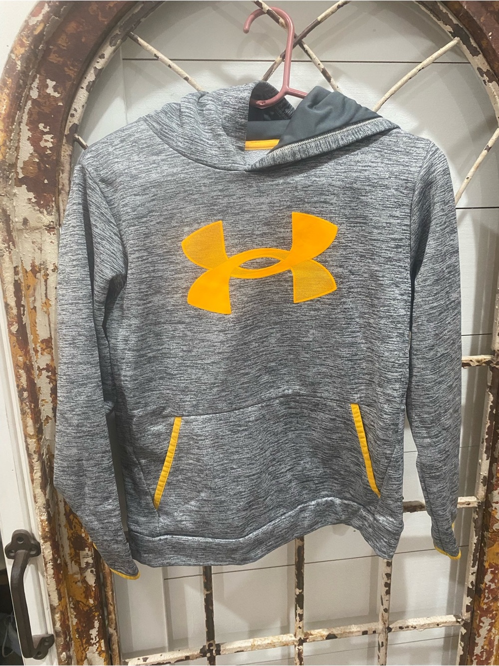 Under Armour Gray Heather Crewneck Hoodie with Orange Logo Youth Large Coldgear